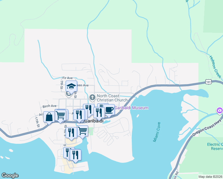map of restaurants, bars, coffee shops, grocery stores, and more near 606 2nd Street in Garibaldi