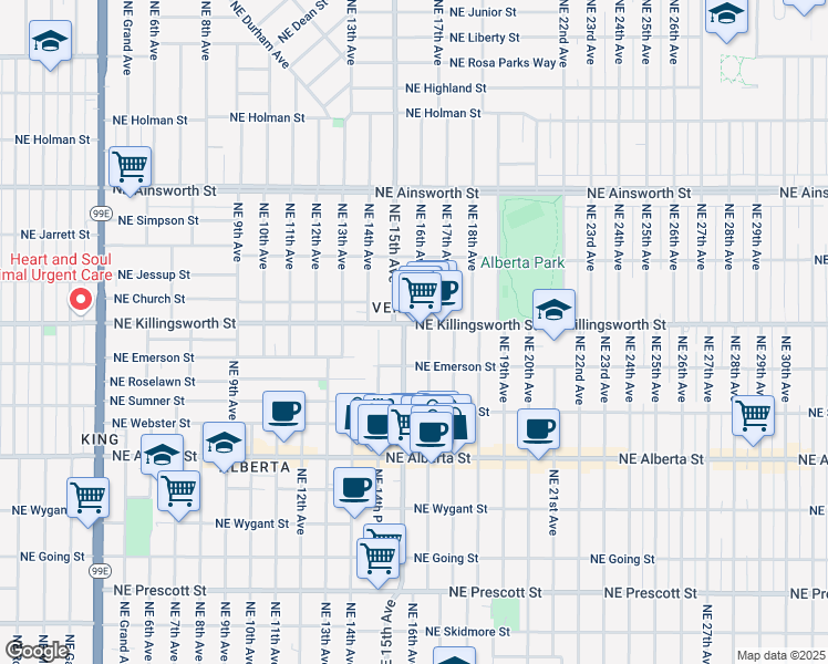 map of restaurants, bars, coffee shops, grocery stores, and more near 1540 Northeast Killingsworth Street in Portland
