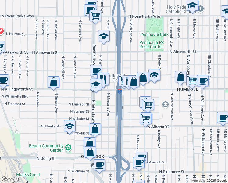 map of restaurants, bars, coffee shops, grocery stores, and more near 1212 North Killingsworth Street in Portland
