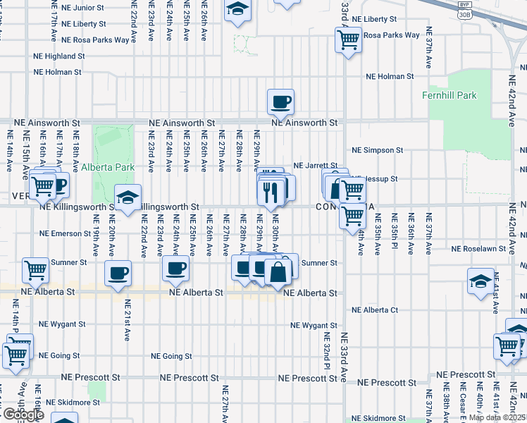 map of restaurants, bars, coffee shops, grocery stores, and more near 2908 Northeast Killingsworth Street in Portland