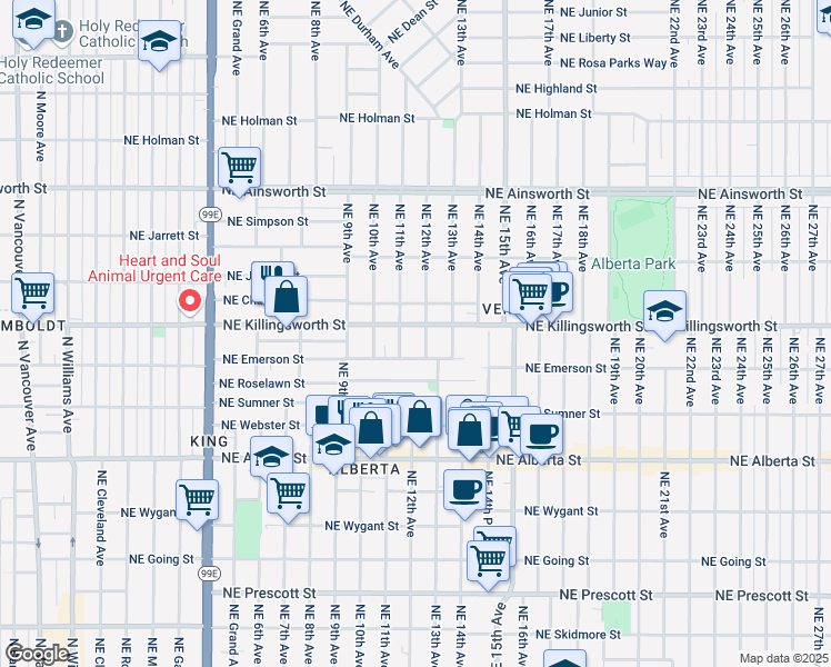 map of restaurants, bars, coffee shops, grocery stores, and more near 1122 Northeast Killingsworth Street in Portland