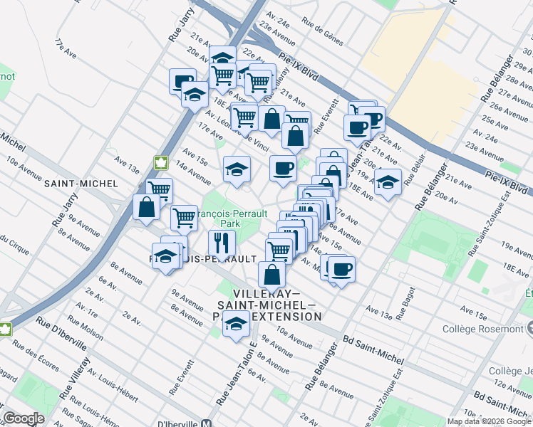 map of restaurants, bars, coffee shops, grocery stores, and more near 3530 Rue François-Perrault in Montréal