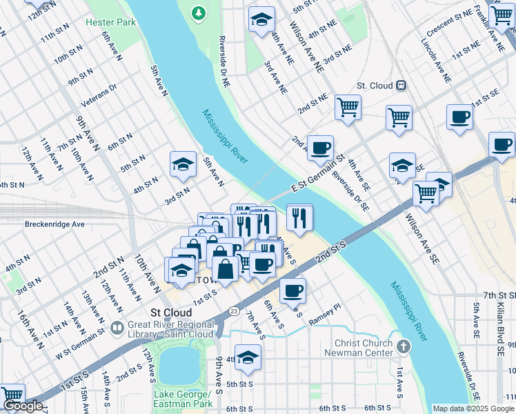map of restaurants, bars, coffee shops, grocery stores, and more near 433 1st Street North in St. Cloud