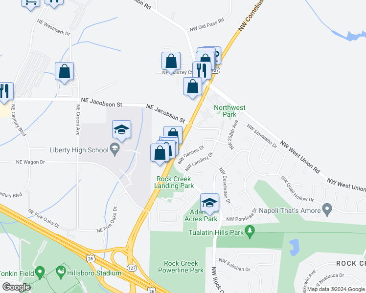 map of restaurants, bars, coffee shops, grocery stores, and more near 5887 Northwest 213th Place in Portland
