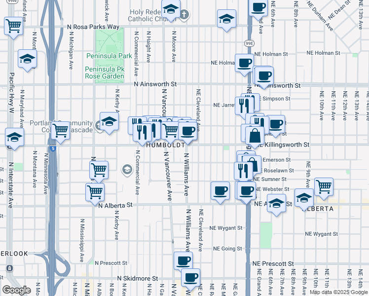 map of restaurants, bars, coffee shops, grocery stores, and more near 5417 North Williams Avenue in Portland
