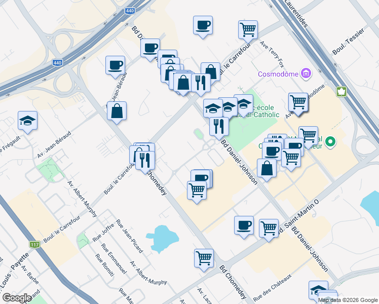 map of restaurants, bars, coffee shops, grocery stores, and more near 3855 Boulevard de Chenonceau in Laval