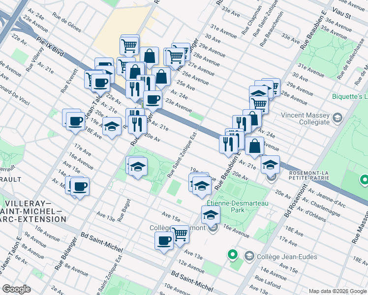 map of restaurants, bars, coffee shops, grocery stores, and more near 3927 Rue Saint Zotique Est in Montréal
