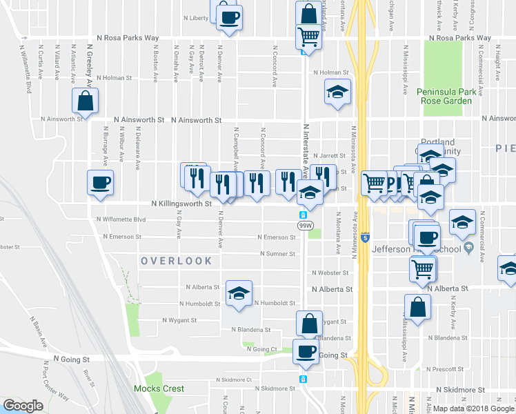 map of restaurants, bars, coffee shops, grocery stores, and more near 1700 North Killingsworth Street in Portland