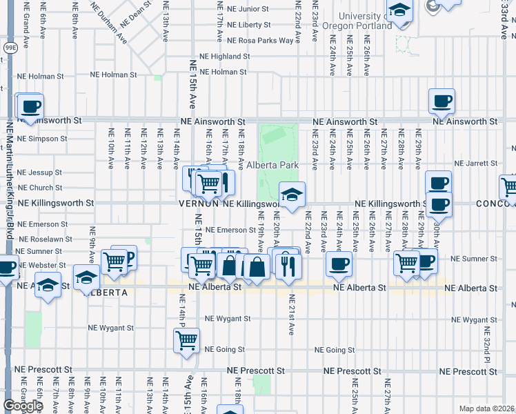 map of restaurants, bars, coffee shops, grocery stores, and more near 5431 Northeast 19th Avenue in Portland