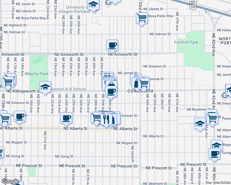 map of restaurants, bars, coffee shops, grocery stores, and more near 5433 Northeast 31st Avenue in Portland