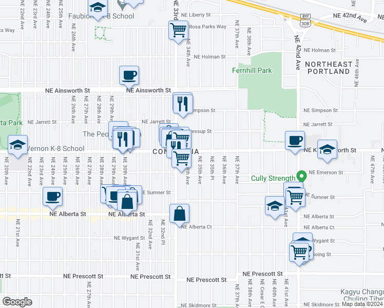 map of restaurants, bars, coffee shops, grocery stores, and more near 5440 Northeast 34th Avenue in Portland