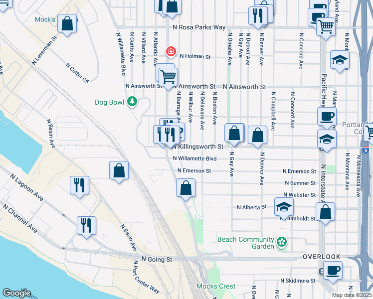 map of restaurants, bars, coffee shops, grocery stores, and more near 2612 North Killingsworth Street in Portland