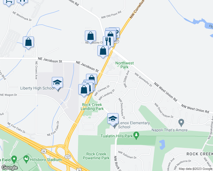 map of restaurants, bars, coffee shops, grocery stores, and more near 21184 Northwest Cannes Drive in Portland