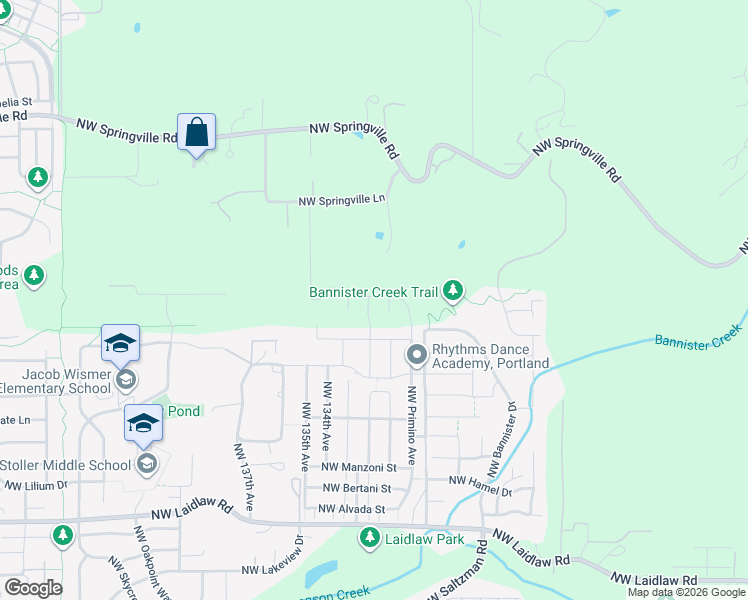 map of restaurants, bars, coffee shops, grocery stores, and more near 13432 Northwest Springville Lane in Portland