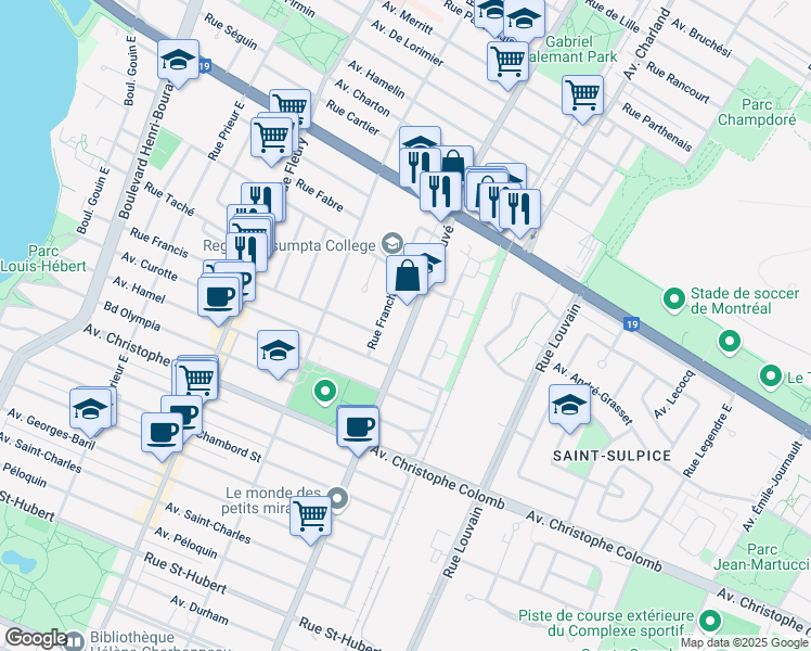 map of restaurants, bars, coffee shops, grocery stores, and more near 1615 Sauvé Street East in Montreal