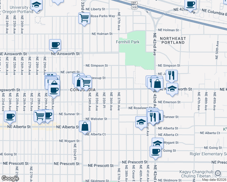 map of restaurants, bars, coffee shops, grocery stores, and more near 5426 Northeast 36th Avenue in Portland