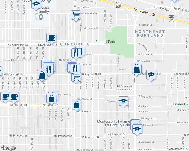 map of restaurants, bars, coffee shops, grocery stores, and more near 3524 Northeast Killingsworth Street in Portland