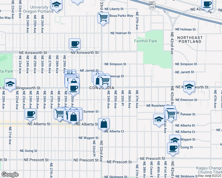map of restaurants, bars, coffee shops, grocery stores, and more near 5440 Northeast 34th Avenue in Portland