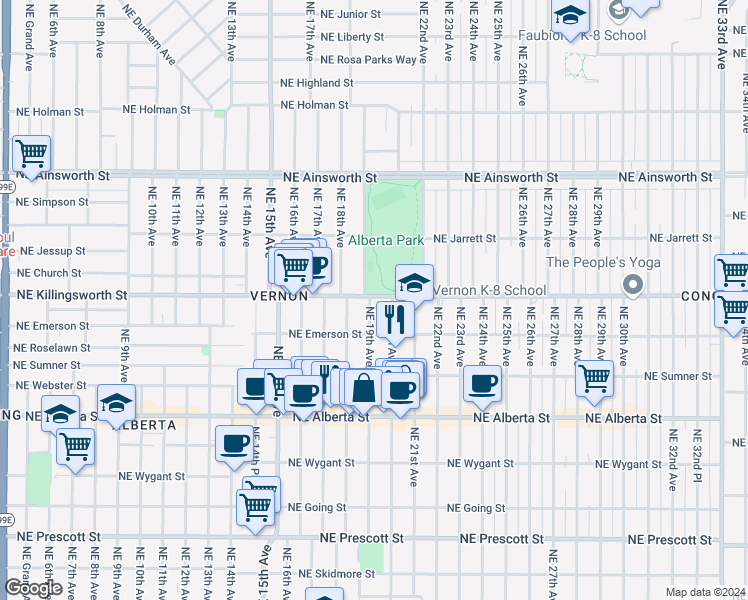 map of restaurants, bars, coffee shops, grocery stores, and more near 5431 Northeast 19th Avenue in Portland