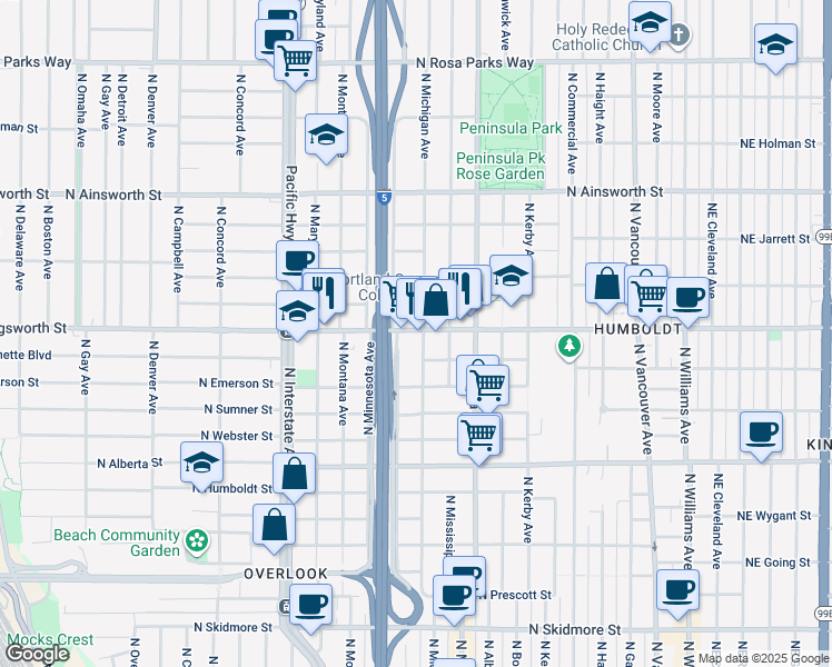 map of restaurants, bars, coffee shops, grocery stores, and more near 1010 North Killingsworth Street in Portland