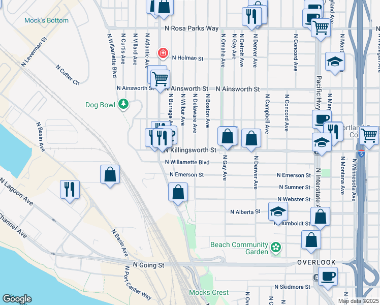 map of restaurants, bars, coffee shops, grocery stores, and more near 2420 North Killingsworth Street in Portland