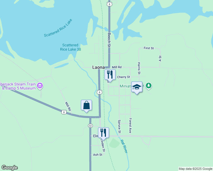 map of restaurants, bars, coffee shops, grocery stores, and more near 5252 Beech Street in Laona