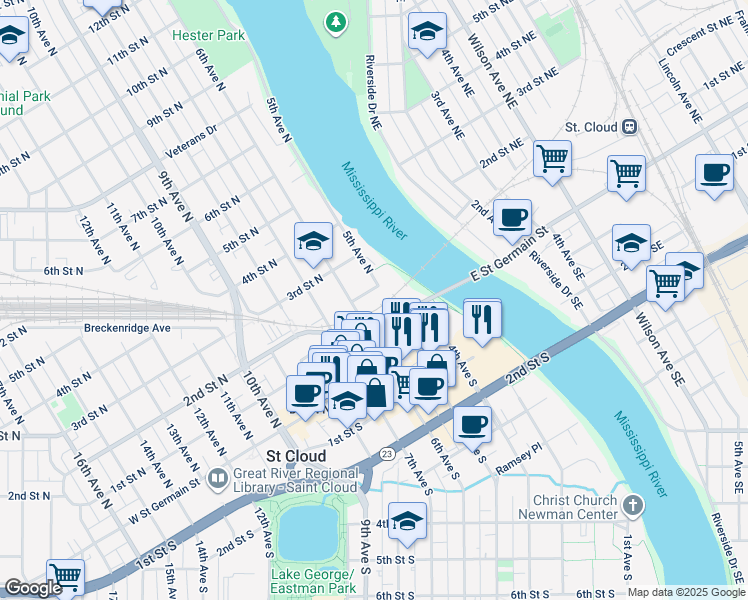 map of restaurants, bars, coffee shops, grocery stores, and more near 198 5th Avenue North in St. Cloud