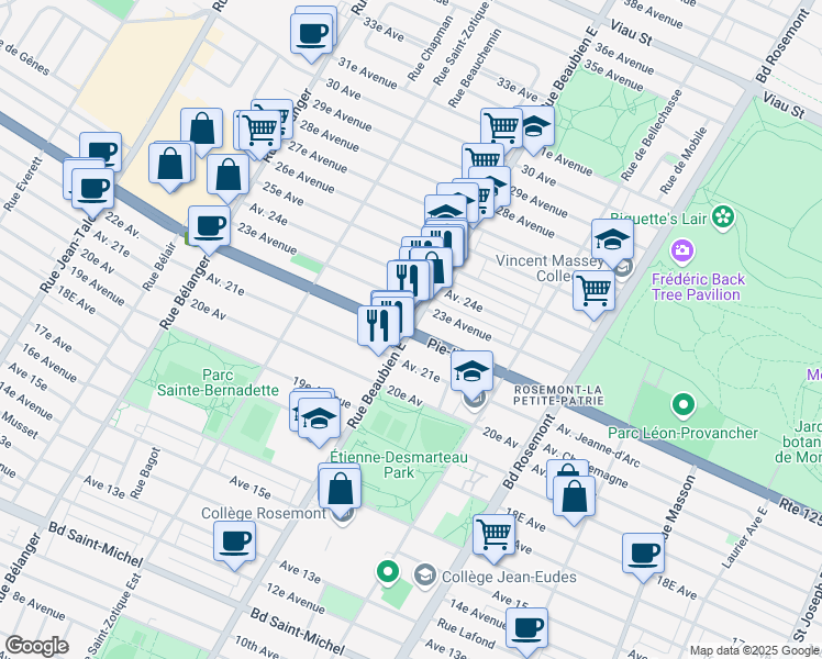 map of restaurants, bars, coffee shops, grocery stores, and more near Boulevard Pie-IX & Rue Beaubien E in Montréal