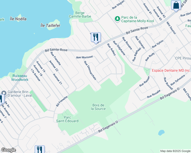 map of restaurants, bars, coffee shops, grocery stores, and more near 915 Rue Desmarchais in Laval