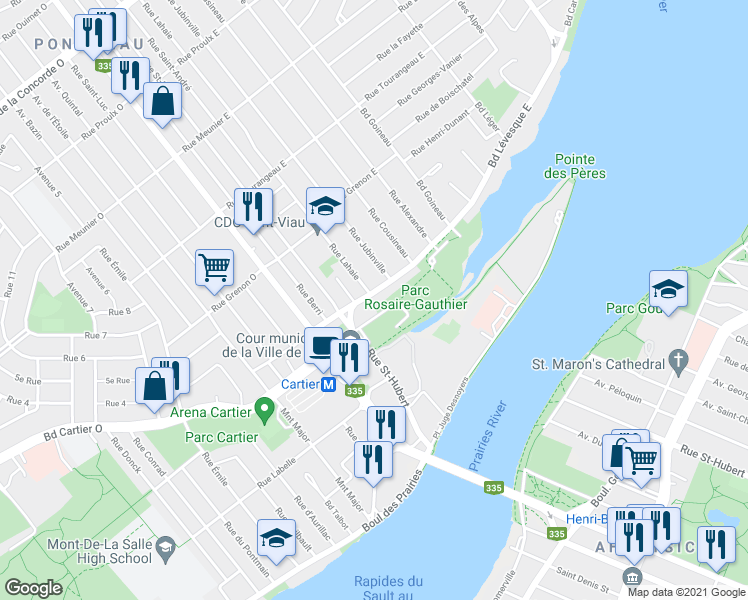 map of restaurants, bars, coffee shops, grocery stores, and more near 67 Boulevard Lévesque Est in Laval