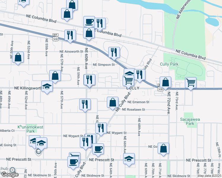 map of restaurants, bars, coffee shops, grocery stores, and more near 6426 Northeast Killingsworth Street in Portland