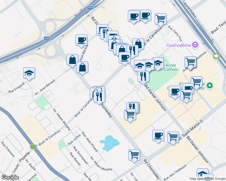 map of restaurants, bars, coffee shops, grocery stores, and more near 3420 Boulevard le Carrefour in Laval
