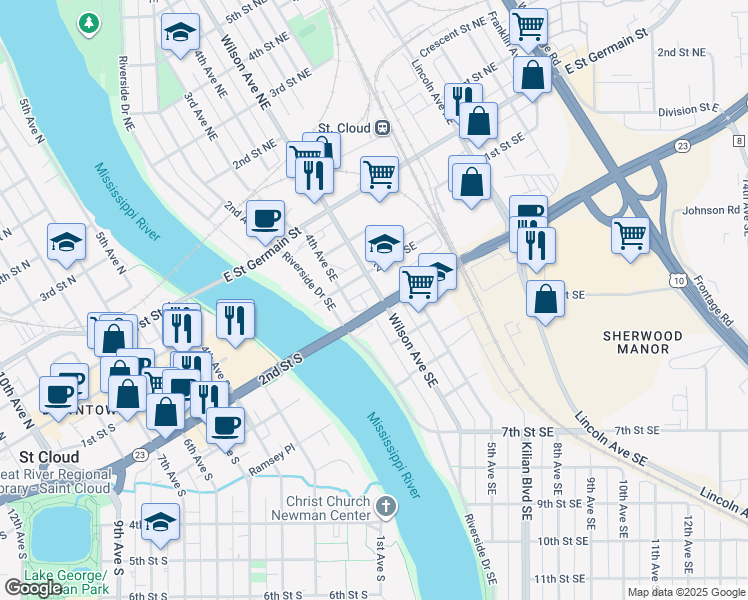 map of restaurants, bars, coffee shops, grocery stores, and more near 223 Wilson Avenue Southeast in St. Cloud