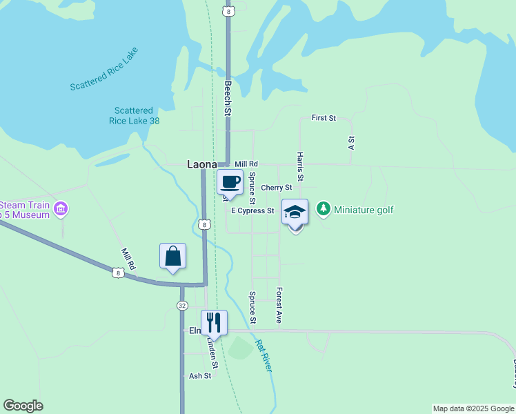 map of restaurants, bars, coffee shops, grocery stores, and more near 5252 Spruce Street in Laona