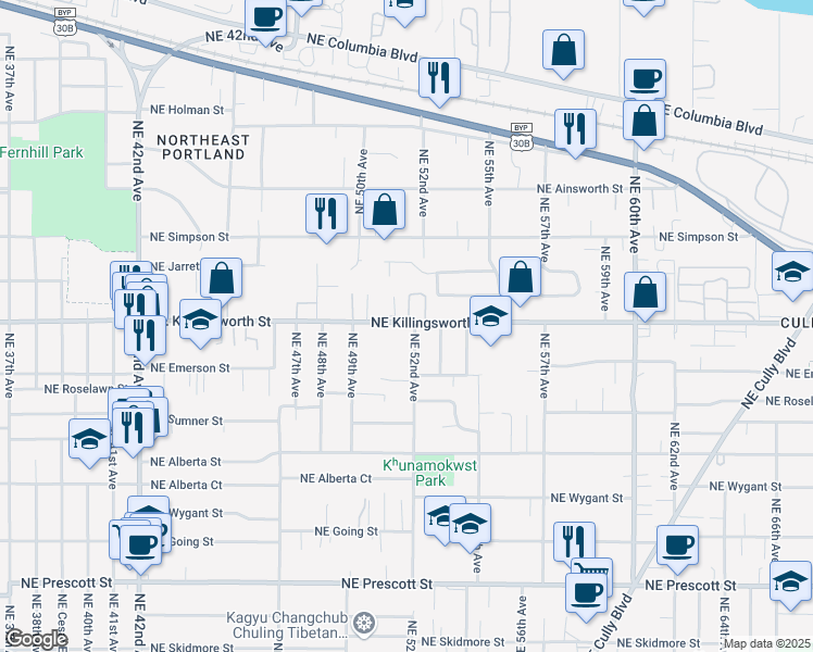 map of restaurants, bars, coffee shops, grocery stores, and more near 5114 Northeast Killingsworth Street in Portland