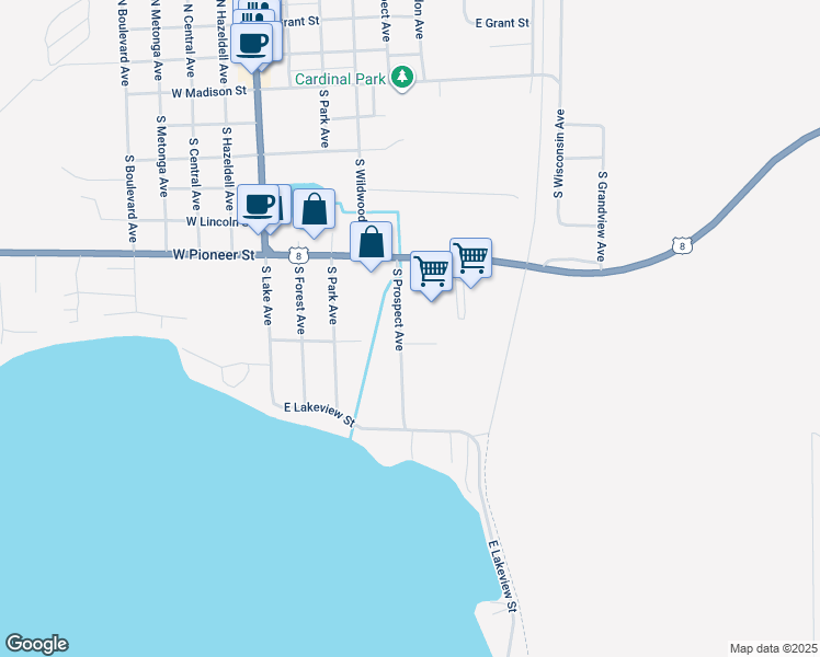 map of restaurants, bars, coffee shops, grocery stores, and more near 501 East Roosevelt Street in Crandon