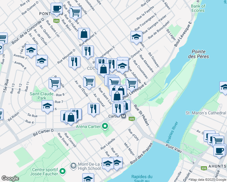map of restaurants, bars, coffee shops, grocery stores, and more near 76 A Boulevard des Laurentides in Laval