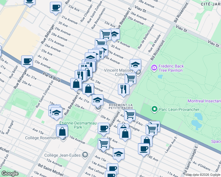 map of restaurants, bars, coffee shops, grocery stores, and more near 6220 Avenue 24e in Montréal