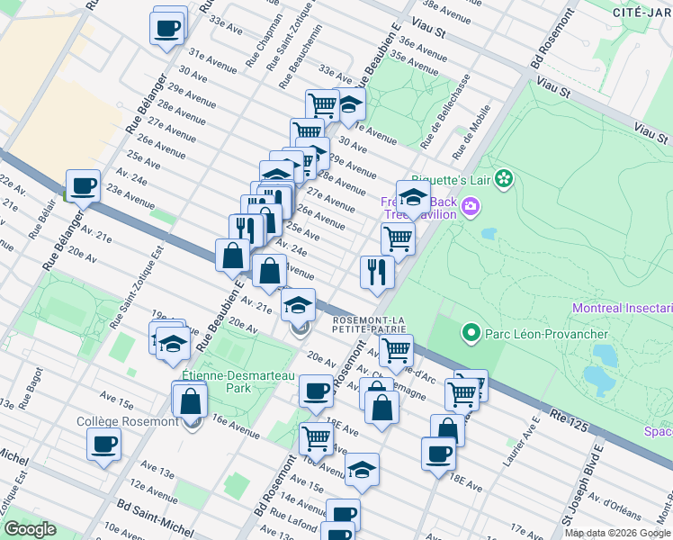 map of restaurants, bars, coffee shops, grocery stores, and more near 6220 Avenue 24e in Montréal