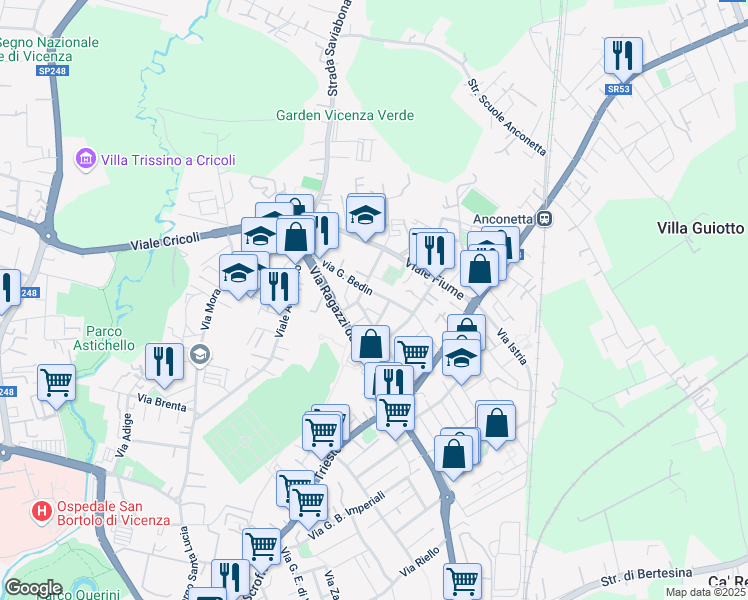 map of restaurants, bars, coffee shops, grocery stores, and more near 72 Via G. Bedin in Vicenza