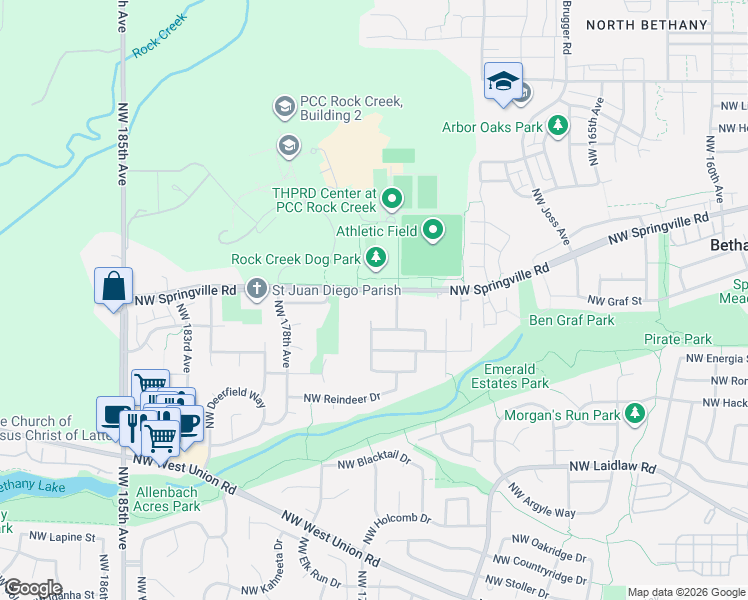 map of restaurants, bars, coffee shops, grocery stores, and more near 17422 Northwest Springville Road in Portland