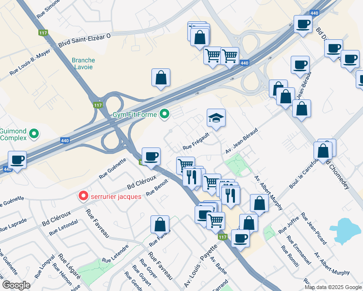 map of restaurants, bars, coffee shops, grocery stores, and more near 2795 Rue Frégault in Laval