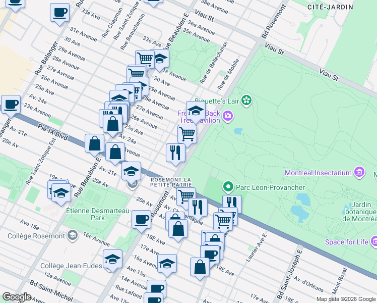 map of restaurants, bars, coffee shops, grocery stores, and more near 4307 Boulevard Rosemont in Montréal