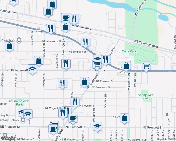 map of restaurants, bars, coffee shops, grocery stores, and more near 6473 Northeast Killingsworth Court in Portland