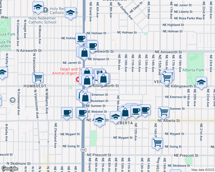 map of restaurants, bars, coffee shops, grocery stores, and more near 726 Northeast Killingsworth Street in Portland
