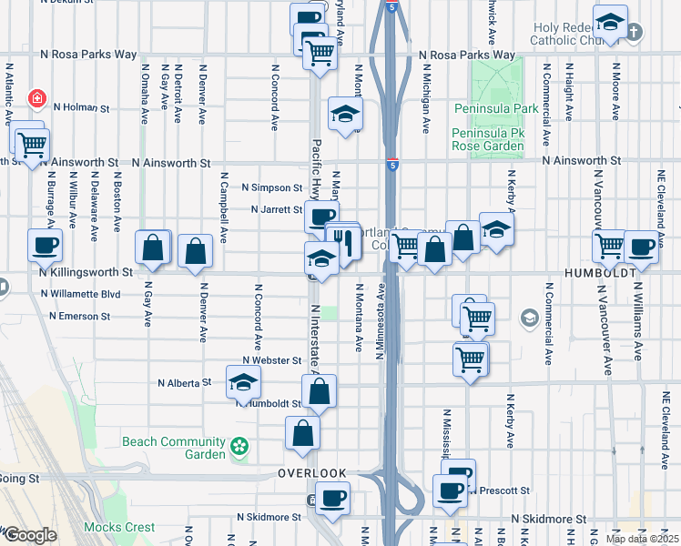 map of restaurants, bars, coffee shops, grocery stores, and more near 1324 North Killingsworth Street in Portland