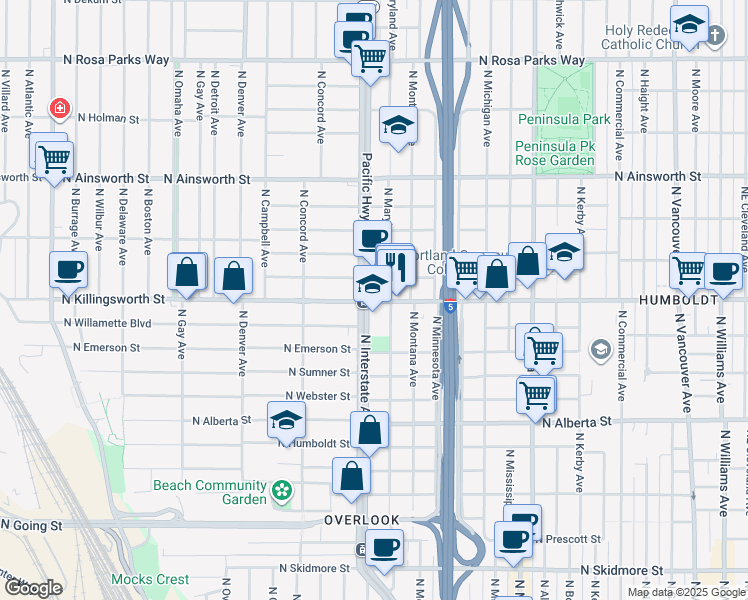 map of restaurants, bars, coffee shops, grocery stores, and more near in Portland