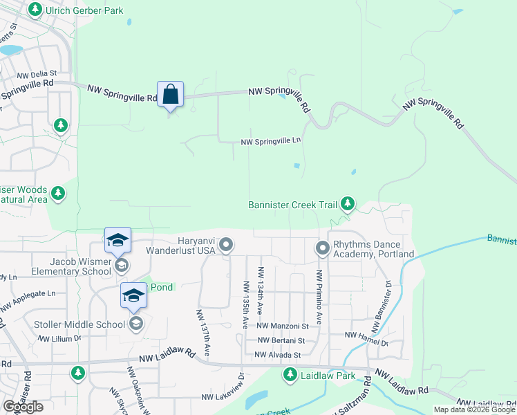 map of restaurants, bars, coffee shops, grocery stores, and more near 13450 Northwest Springville Lane in Portland