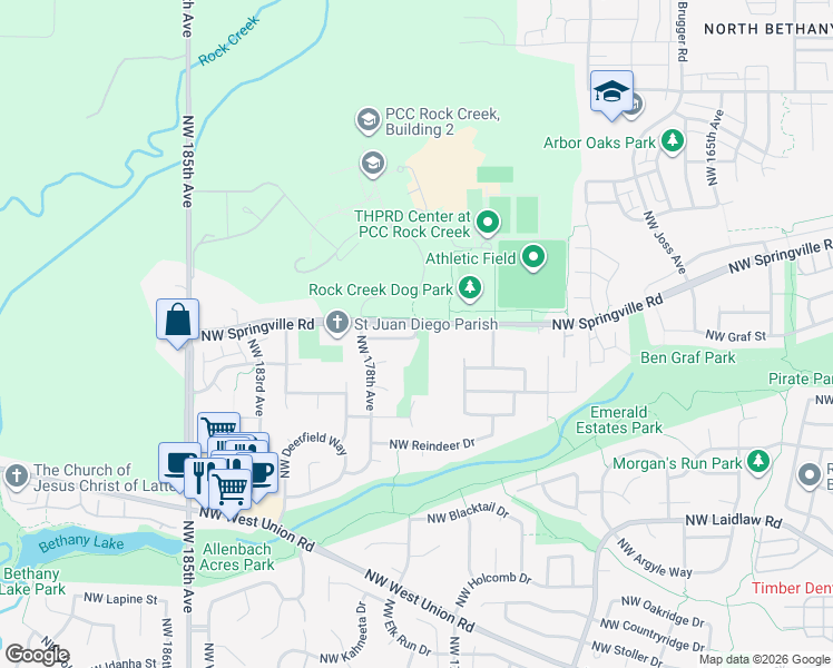 map of restaurants, bars, coffee shops, grocery stores, and more near 17662 Northwest Concordia Court in Portland