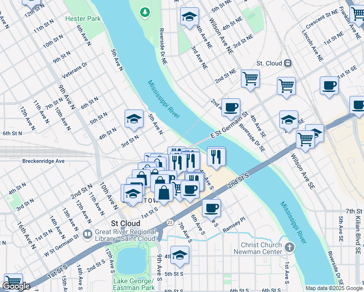 map of restaurants, bars, coffee shops, grocery stores, and more near 433 1st Street North in St. Cloud